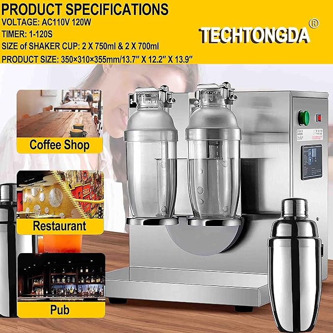 TECHTONGDA Commercial Milk Tea Shaker Machine, Professional Stainless Steel Double Frame Auto Bubble Tea Maker, Milk Making Machine with 2pcs 750ml Stainless Steel and 2pcs 700ml Transparent Cups