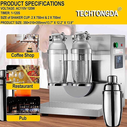 TECHTONGDA Commercial Milk Tea Shaker Machine, Professional Stainless Steel Double Frame Auto Bubble Tea Maker, Milk Making Machine with 2pcs 750ml Stainless Steel and 2pcs 700ml Transparent Cups