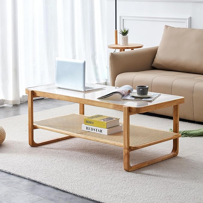 Mid Century Modern Coffee Table with Ribbed Glass Top and PE Rattan Storage Shelf, 45 Inch Rectangular Solid Wood Boho Coffe Table, Unique Center Table for Livinig Room Apartment Small Space