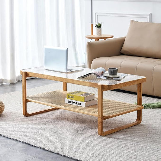 Mid Century Modern Coffee Table with Ribbed Glass Top and PE Rattan Storage Shelf, 45 Inch Rectangular Solid Wood Boho Coffe Table, Unique Center Table for Livinig Room Apartment Small Space