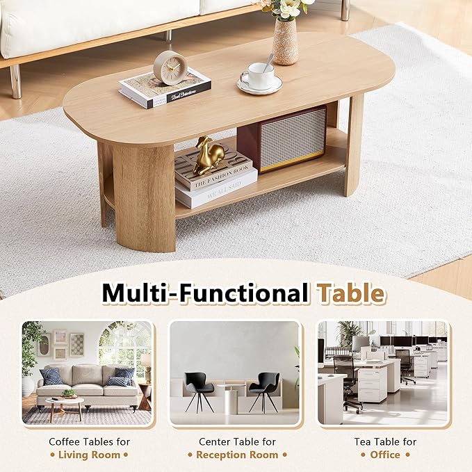 43.3” Oval Coffee Tables for Living Room, Wood Farmhouse Coffee Table with Storage, 2-Tier Center Table with Storage Shelf Low Tea Table for Small Space, Home, Office (Natural)
