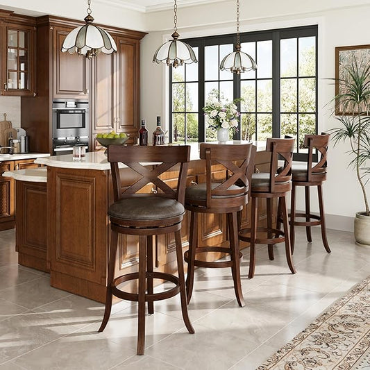 PHI VILLA 30 inch Bar Height Stools Set of 4, Swivel Bar Stools Faux Leather Barstool with Back, Wooden Bar Height Chairs, Dark Brown Kitchen Stools