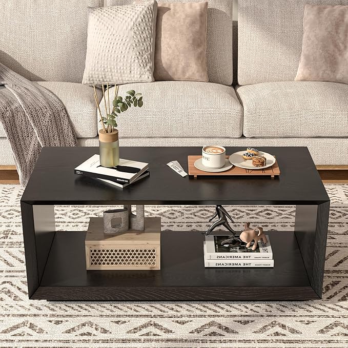 Coffee Table with Storage, Mid Century Modern, Rectangle Cocktail Tea Table, Farmhouse Wood Coffee Table for Living Room, Home Office (Black)