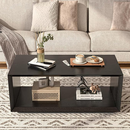 Coffee Table with Storage, Mid Century Modern, Rectangle Cocktail Tea Table, Farmhouse Wood Coffee Table for Living Room, Home Office (Black)