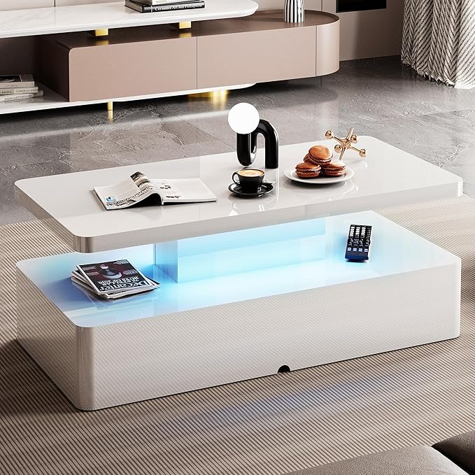 Spurgehom Contemporary Coffee Tables for Living Room, LED Coffee Table with Rounded Corner in 16 Colors, High Gloss 2 Tiers Table with Hidden Power Supply