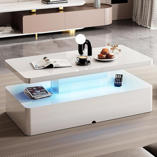 Spurgehom Contemporary Coffee Tables for Living Room, LED Coffee Table with Rounded Corner in 16 Colors, High Gloss 2 Tiers Table with Hidden Power Supply