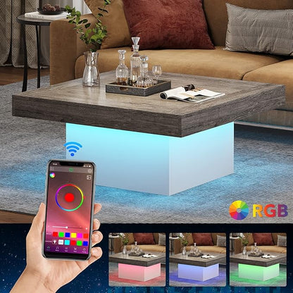 Tribesigns Coffee Table Square LED Center Table Engineered Wood Low Coffee Tables for Living Room (Grey+White)