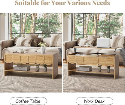 Lift Top Coffee Table with Hidden Compartment, 2 Tier Wooden Center Table with Wave Panel, Modern Lift Tabletop for Home Living Room Office, Natural