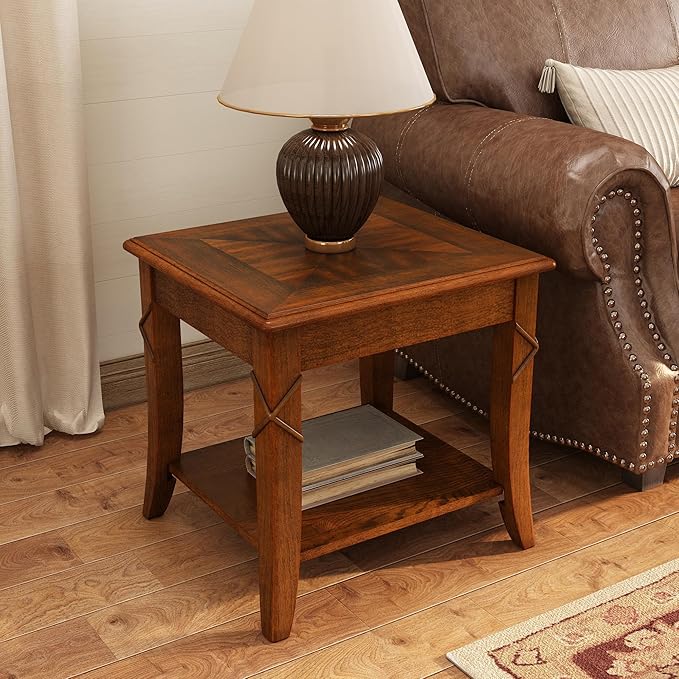 PADMA HOUSE Solid Wood End Table with Shelf, Vintage Rectangle Sofa Side Table with Dual Hourglass Tabletop, Apartment Telephone Table with Curved Legs for Living Room, 19.7 * 17.7 * 19.7in