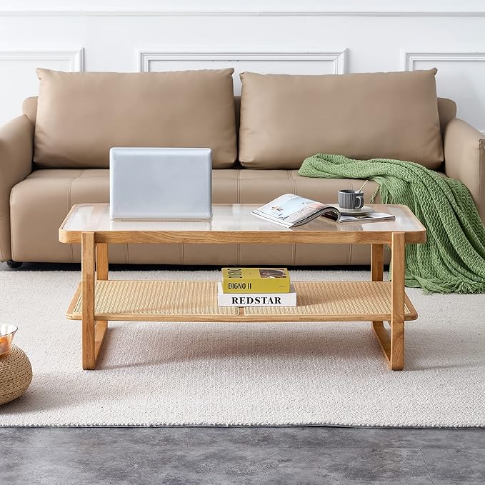 Rattan Coffee Table with Tempered Glass Top,Wood Coffee Table for Living Room,Glass Top with Imitation Rattan Storage Shelf, Rectangle Coffee Table for Living Room