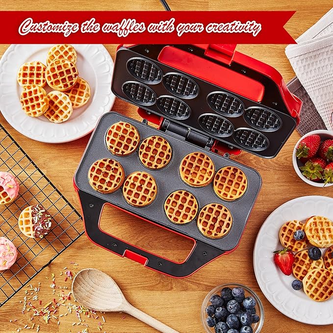 Mini Waffle Maker for Kids, Small Non-Stick Waffle Iron, Makes 8 x 2" Thin Waffles, Easy to Use, Waflera Electrica, Recipes Included
