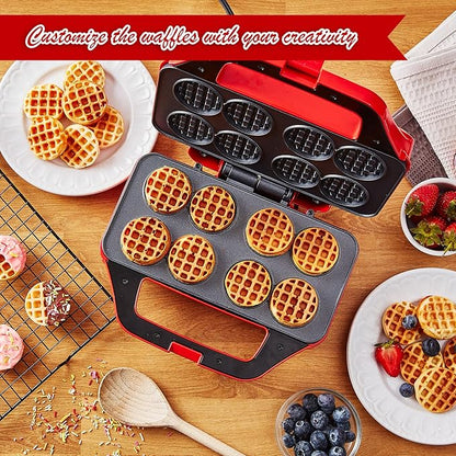 Mini Waffle Maker for Kids, Small Non-Stick Waffle Iron, Makes 8 x 2" Thin Waffles, Easy to Use, Waflera Electrica, Recipes Included