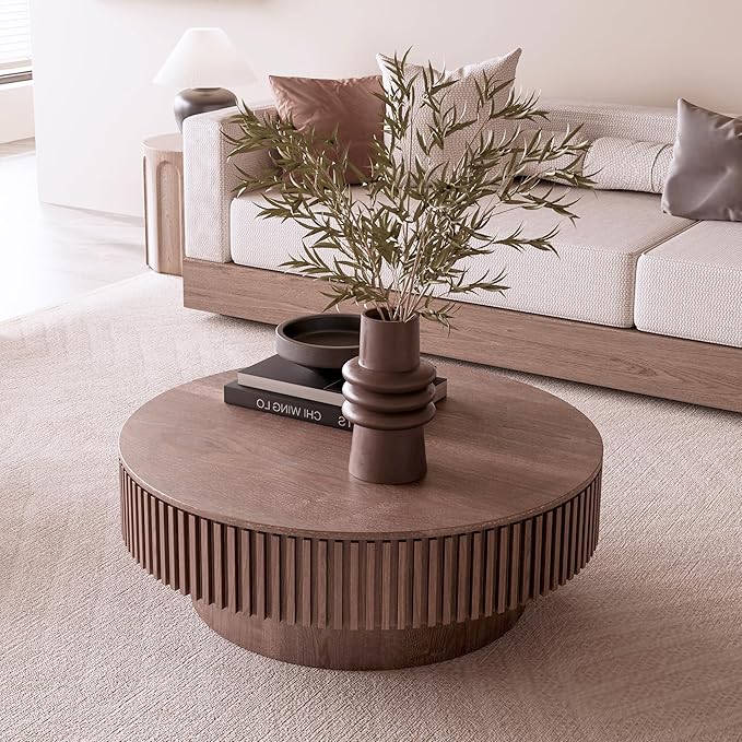 39 Inch Round Drum Coffee Table with Storage, Modern Handcraft Fluted Drum Coffee Table, Wooden Round Cocktail Tea Table Center Table with Sturdy Pedestal for Living Room Apartment (Walnut)