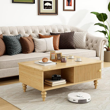 Mid-Century Modern Wooden Coffee Table with Storage, Slatted Door, Solid Wood Legs, Retro Coffee Table with Open Shelf for Home & Office & Lounge, Nature Oak