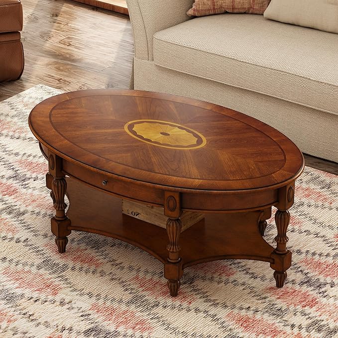 Solid Wood Oval Coffee Table with Drawer and Shelf, 44.9" Traditional Vintage Center Table Polished Edging Cocktail Tea Table for Living Room Bedroom, Beewax