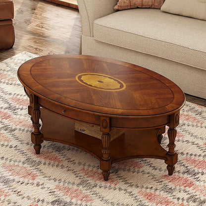 Solid Wood Oval Coffee Table with Drawer and Shelf, 44.9" Traditional Vintage Center Table Polished Edging Cocktail Tea Table for Living Room Bedroom, Beewax