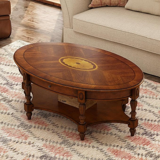 Solid Wood Oval Coffee Table with Drawer and Shelf, 44.9" Traditional Vintage Center Table Polished Edging Cocktail Tea Table for Living Room Bedroom, Beewax
