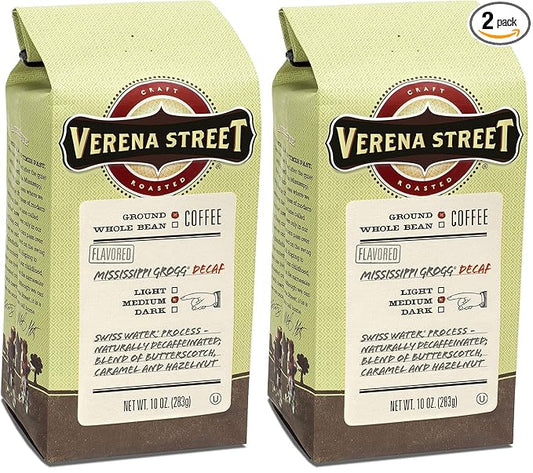Verena Street 10 Ounce Ground, Swiss Water Process Decaf, Mississippi Grogg Decaffeinated, Medium Roast Rainforest Alliance Certified Arabica Coffee (Pack of 2)