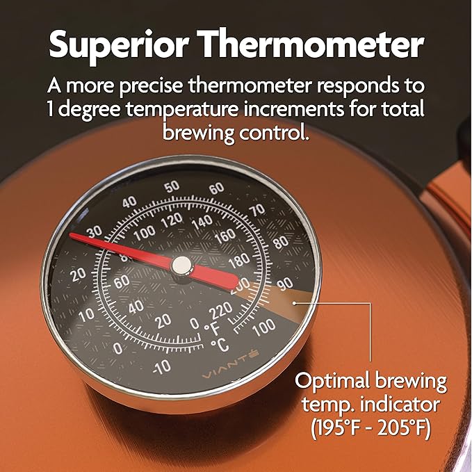 Vianté Gooseneck Stovetop Pour Over Coffee Kettle with Thermometer for Drip Coffee and Tea. Premium Copper Stainless Steel. 40 fl oz. All Coocktops.