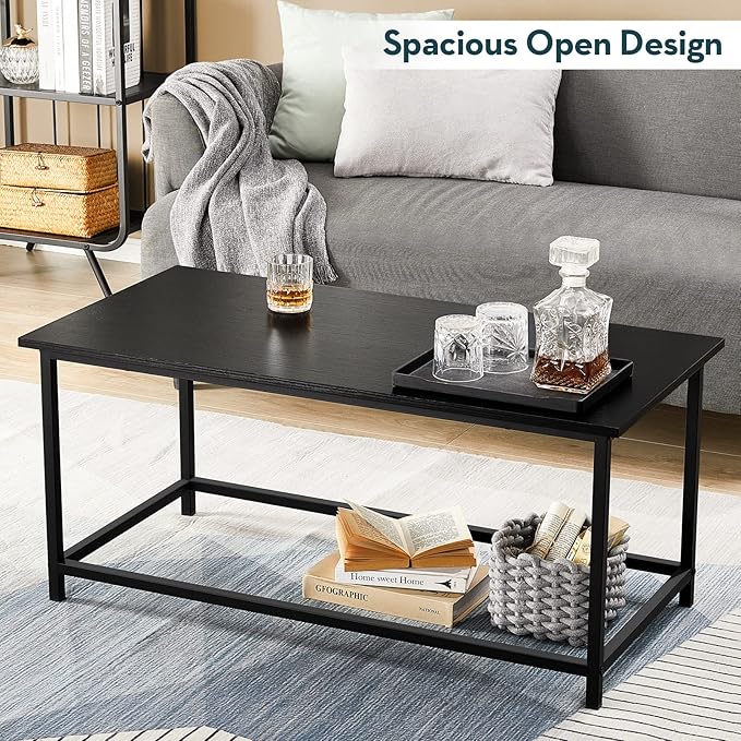 SAYGOER Black Coffee Table Simple Modern Rectangular Center Table Open Space Minimalist for Living Room Home Office Industrial Cocktail Tables, Easy Assembly, 39.37 x 19.69 x 17.72
