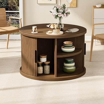 Round Coffee Table, 31.5" Fluted Coffee Table with Storage, Fluted Accent Center Table with Sliding Door, Mid Century Modern Coffee Table for Living Room, Coffee Table Circle Wood，Walnut