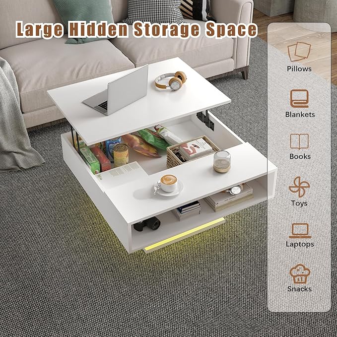 White 30.7" Lift Top Coffee Table with Storage, Square Led Coffee Table with Large Hidden Storage, Wood Living Room Table Led Center Table for Dining Reception Room