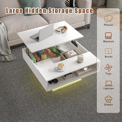 White 30.7" Lift Top Coffee Table with Storage, Square Led Coffee Table with Large Hidden Storage, Wood Living Room Table Led Center Table for Dining Reception Room