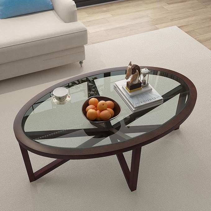 Glass Coffee Table Modern Simple Oval Transparent Tempered Glass Top and Wood Base, Office Terrace Study Accent Coffee Table Center Table, Cherry