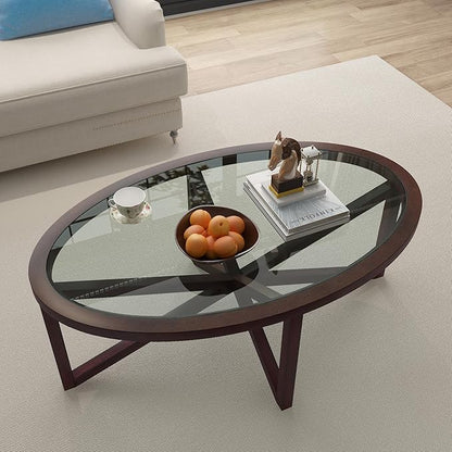 Wooden Glass Coffee Table End Table Sets of 3 Modern Oval Living Room Table Set Tempered Glass Top Side Table, Cherry Brown