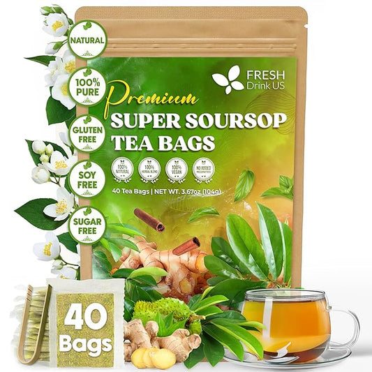 FreshDrinkUS, Super Soursop Herbal Tea – 40 Tea Bags | Soursop, Ginger, Turmeric, Lemongrass, Cinnamon, Black Pepper & Peppermint | Caffeine-Free, Natural Flavor, Plant-Based Blend | Sugar-Free