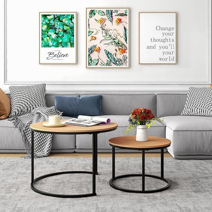 Industrial Round Coffee Table Set of 2 End Table for Living Room,Stacking Side Tables, Sturdy and Easy Assembly,Wood Look Accent Furniture with Metal Frame,Black+Teak OAKDK