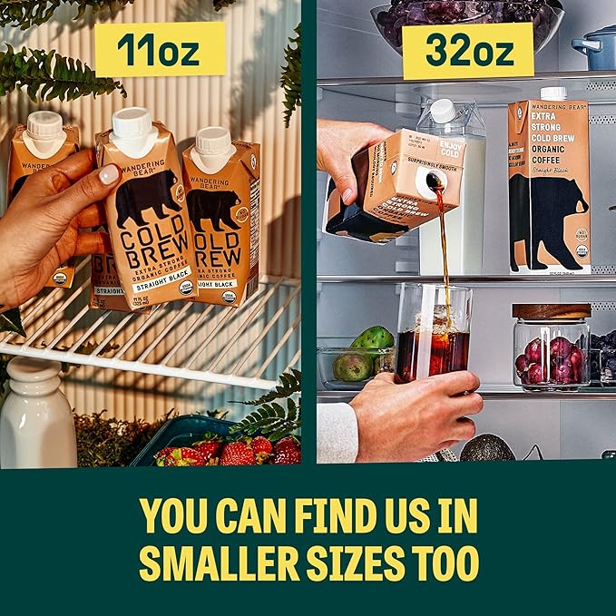 Wandering Bear Straight Black Organic Cold Brew Coffee On Tap, 96 fl oz - Extra Strong, Bold, Smooth, Unsweetened, Shelf-Stable, Ready to Drink, 100% Organic, Iced Cold Brewed Coffee Drinks