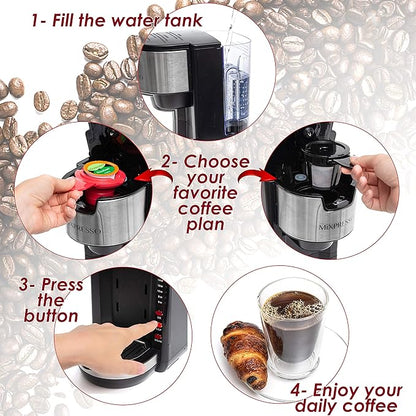 Mixpresso Black Single Serve Coffee Brewer K-Cup Pods Compatible & Ground, 30 oz Compact Coffee Maker Single Serve With 5 Brew Sizes Up To 14 Oz, Fits Travel Mug, Adjustable Drip Tray