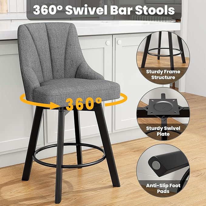 Swivel Bar Stools, 24" Counter Height Barstools, Fabric Upholstered Counter Bar Stools with Solid Wood Legs for Kitchen Island, Home Bar, Dark Gray
