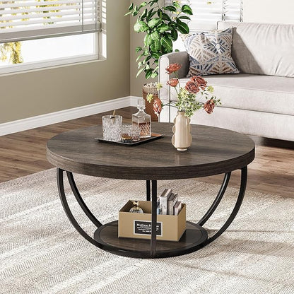 Tribesigns Round Coffee Table, 31.7" Wooden 2-Tier Circle Coffee Table with Storage Shelves, Modern Accent Cocktail Table Center Table for Living Room, Grey