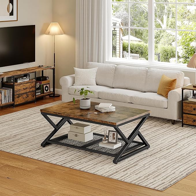 EnHomee Coffee Table with Storage, Modern Coffee Tables for Living Room with Mesh Shelf, 2 Tier Rectangular Center Table for Living Room, Bedroom, 39.4 Inch, Rustic Brown