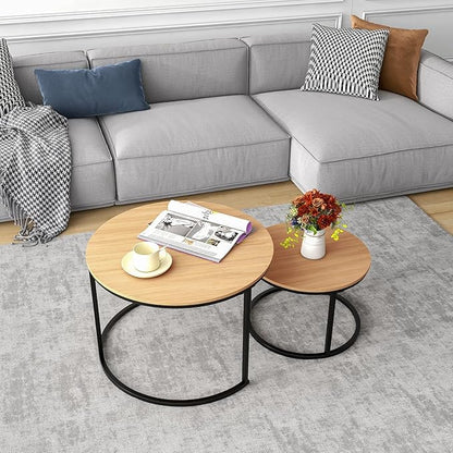 Industrial Round Coffee Table Set of 2 End Table for Living Room,Stacking Side Tables, Sturdy and Easy Assembly,Wood Look Accent Furniture with Metal Frame,Black+Teak OAKDK