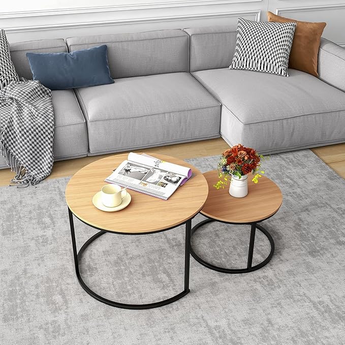 Industrial Round Coffee Table Set of 2 End Table for Living Room,Stacking Side Tables, Sturdy and Easy Assembly,Wood Look Accent Furniture with Metal Frame,Black+Teak OAKDK