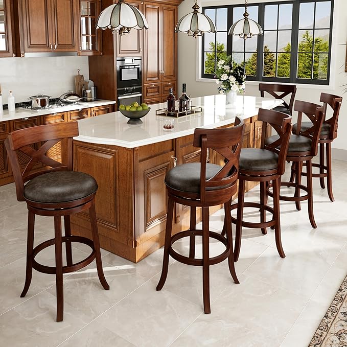 PHI VILLA Swivel Bar Stools Set of 6, 30 inch Bar Height Stools Faux Leather Barstools with Back, Wooden Kitchen Chairs