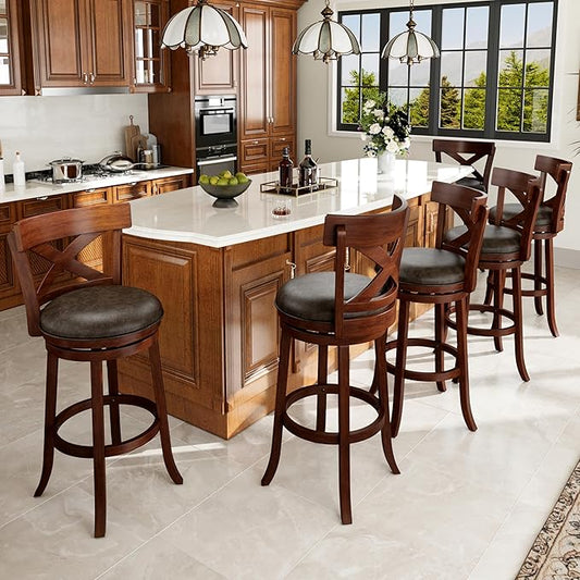PHI VILLA Swivel Bar Stools Set of 6, 30 inch Bar Height Stools Faux Leather Barstools with Back, Wooden Kitchen Chairs