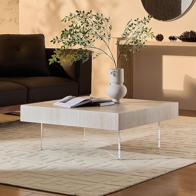 Drum Coffee Table Modern MDF Wooden Tea Table Living Room Square Coffee Table with Acrylic Legs and Marble Grain TopNo Need Assembly