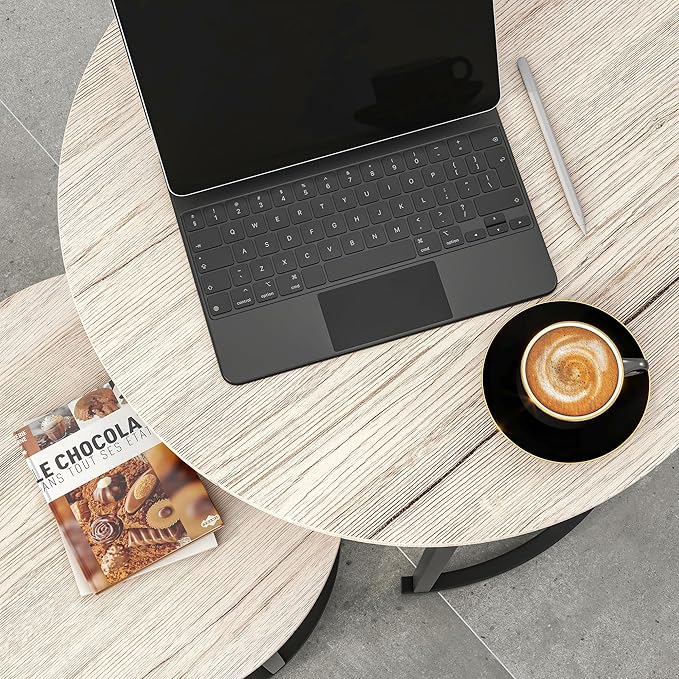 Round Coffee Table Set of 2 for Living Room,Black Small Coffee Table Living Room Table,Nesting Tables Metal Frame/Wood,Sturdy and Easy Assembly,Stacking Side Tables Bedroom,White Oak