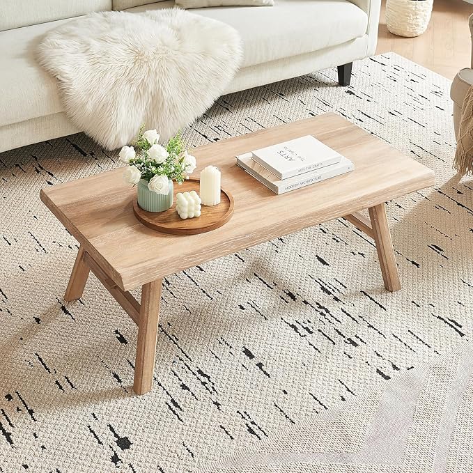 Wnutrees 43" Farmhouse Solid Wood Coffee Table, Rustic Rectangular Center Table for Living Room, Natural