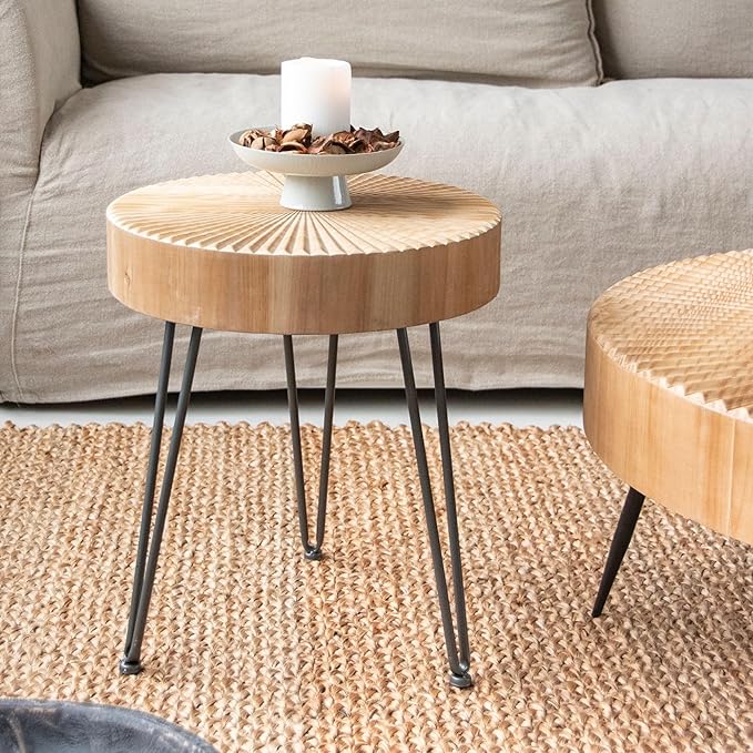 2-Piece Round Nesting Coffee Table Set, Natural Wood Top with Black Metal Legs, Radial Pattern – Rustic Farmhouse Accent for Living Room or Bedroom – Space-Saving Modern Furniture