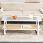 Load image into Gallery viewer, Mid Century Modern Coffee Table with Ribbed Glass Top and PE Rattan Storage Shelf, 45 Inch Rectangular Solid Wood Boho Coffe Table, Unique Center Table for Livinig Room Apartment Small Space