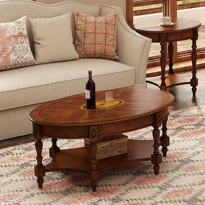 Solid Wood Oval Coffee Table with Drawer and Shelf, 44.9" Traditional Vintage Center Table Polished Edging Cocktail Tea Table for Living Room Bedroom, Beewax