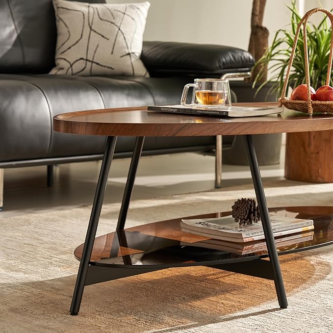Shrine Glass Coffee Table, Black Walnut Table for Living Room, Glass and Wood Table, 43.3" D x 21.6" W x 15.7" H, Brown Glass Base, Walnut Wood Top&Black Metal Frame