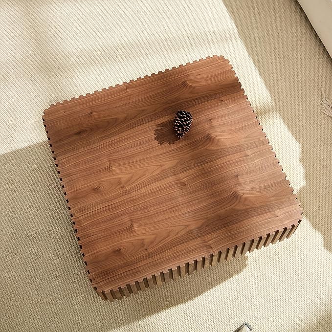 KEVINSPACE Square Wood Coffee Table, Fluted CoffeeTable Handcraft Drum TeaTable CenterTable for Living Room, Modern Wooden CocktailTable for Small Space, Easy Assembly 35.43" 15.75" H Walnut