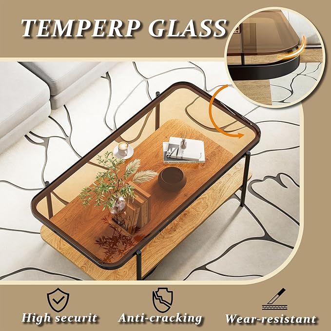 Brown Glass Coffee Table, Modern 2-Tier Coffee Table with Metal Leg, Accent Table with Wood Open Storage, Living Room Rectangular Center Table with Rounded Corners, Side Table for Home Office (Brown)
