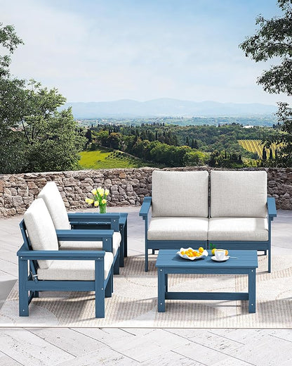 SERWALL HDPE Patio Coffee Table, Rectangle Outdoor Coffee Table, All-Weather Coffee Side Table for Balcony, Poolside, Deck, Garden, Blue